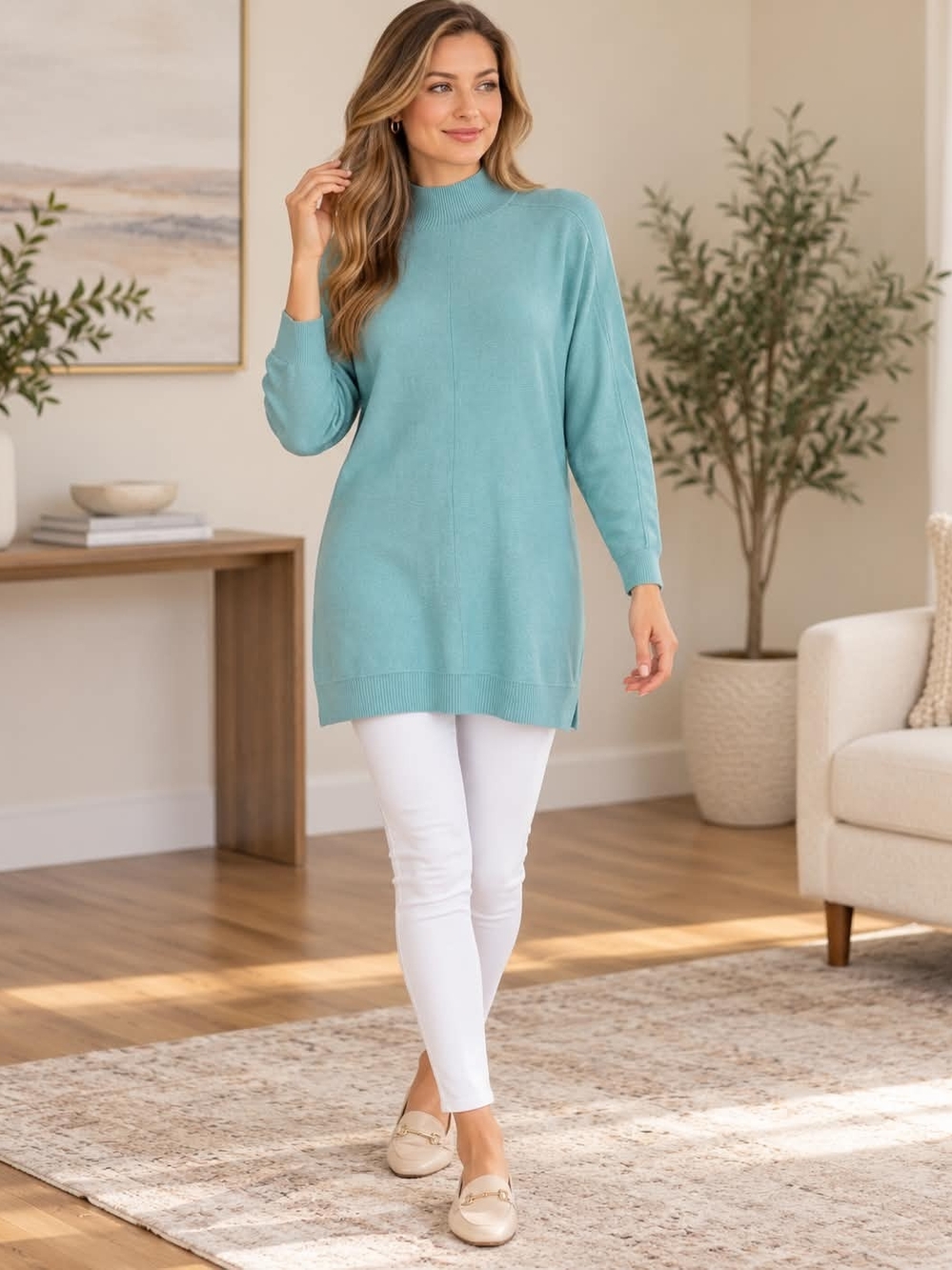 Tristan Seafoam Blue Mock Neck Tunic Sweater